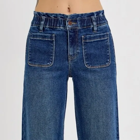 RISEN Elastic Waist High-Rise Retro Mom Jeans Relaxed Fit Wide Leg Denim Pants