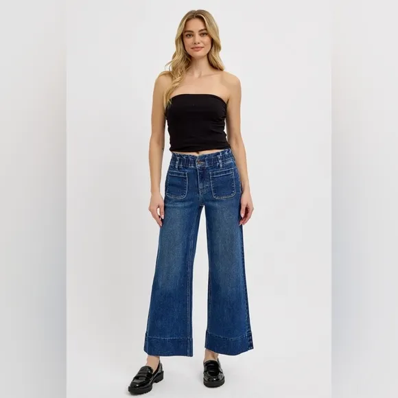 RISEN Elastic Waist High-Rise Retro Mom Jeans Relaxed Fit Wide Leg Denim Pants