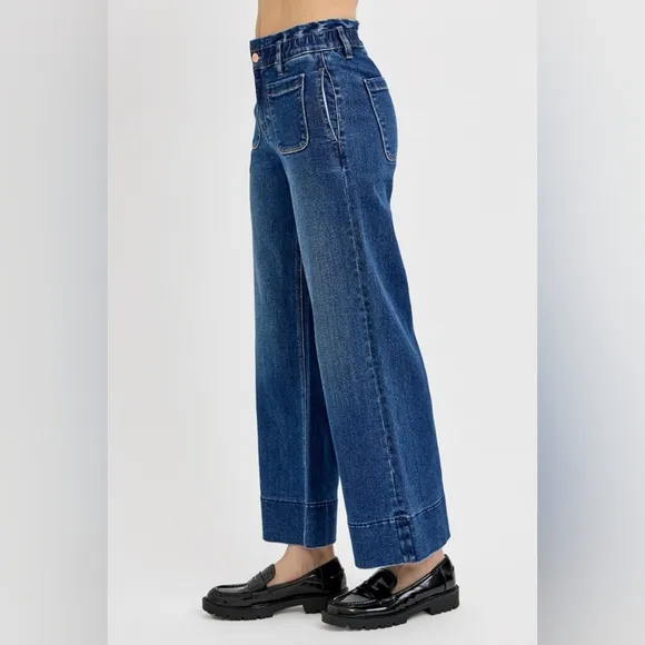 RISEN Elastic Waist High-Rise Retro Mom Jeans Relaxed Fit Wide Leg Denim Pants