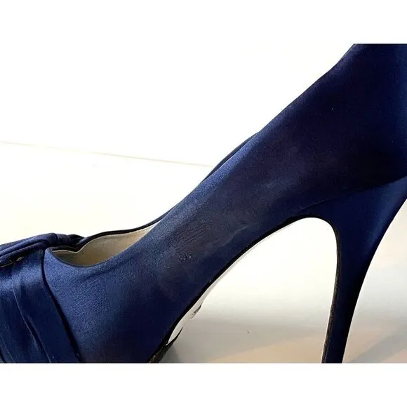 Ron White Women Heels Size 8.5 Blue Satin Peep Toe Bow Elegant Party