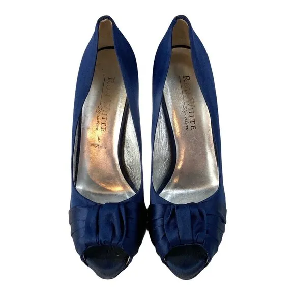 Ron White Women Heels Size 8.5 Blue Satin Peep Toe Bow Elegant Party