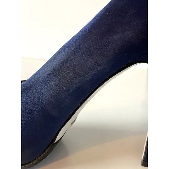 Ron White Women Heels Size 8.5 Blue Satin Peep Toe Bow Elegant Party