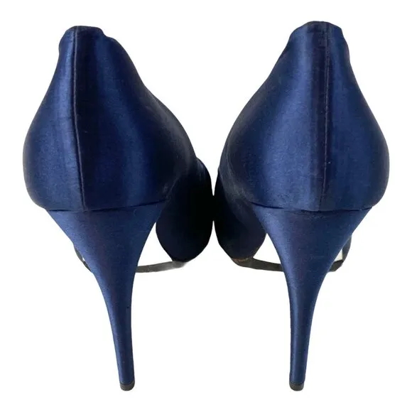 Ron White Women Heels Size 8.5 Blue Satin Peep Toe Bow Elegant Party