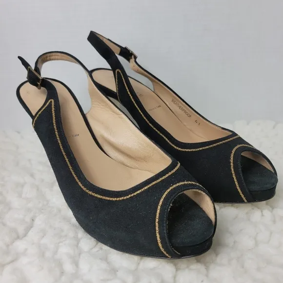 Ron White Womens Shoes Size 10.5 Slingback Shoes Peep Toe Black Suede Golf Trim