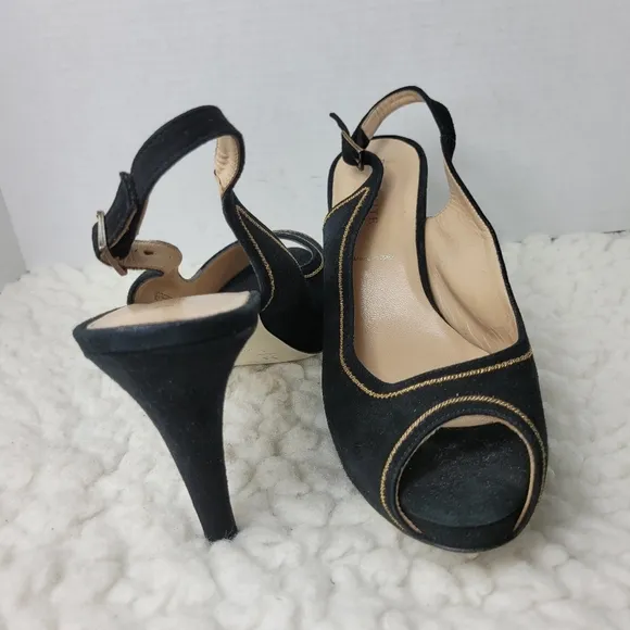 Ron White Womens Shoes Size 10.5 Slingback Shoes Peep Toe Black Suede Golf Trim