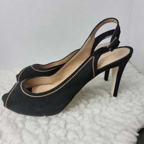 Ron White Womens Shoes Size 10.5 Slingback Shoes Peep Toe Black Suede Golf Trim