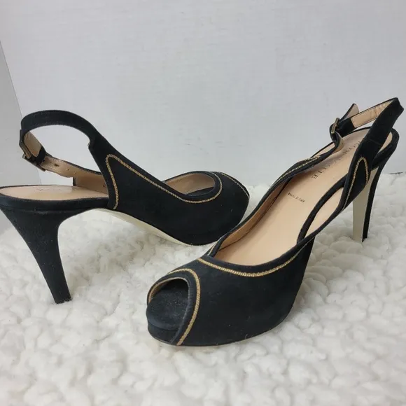Ron White Womens Shoes Size 10.5 Slingback Shoes Peep Toe Black Suede Golf Trim