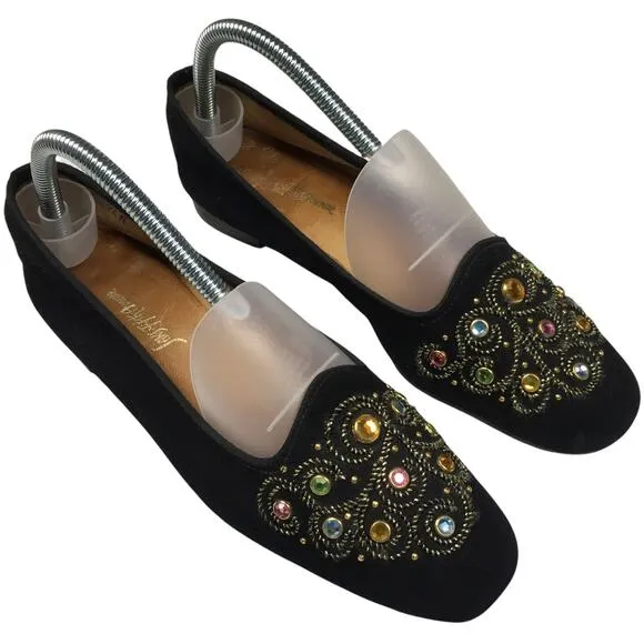 Saks Fifth Avenue Flats Gem Embellished Black Velvet Round Toe Slip On Loafer 7