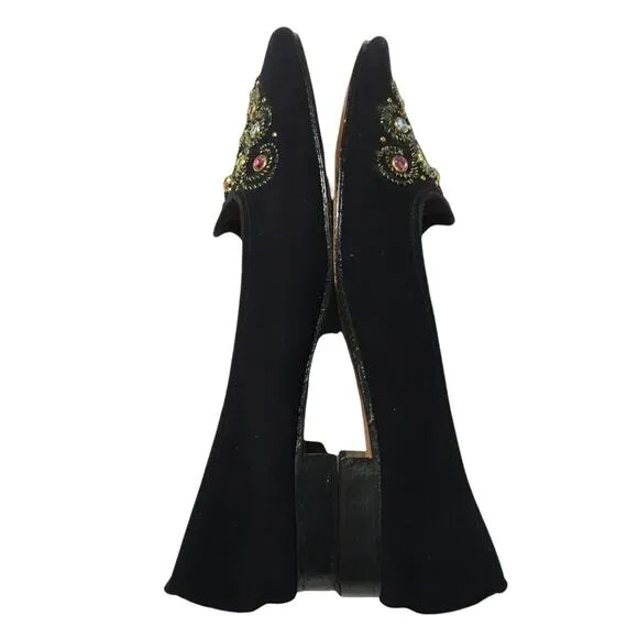 Saks Fifth Avenue Flats Gem Embellished Black Velvet Round Toe Slip On Loafer 7