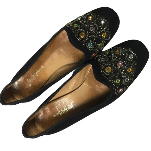 Saks Fifth Avenue Flats Gem Embellished Black Velvet Round Toe Slip On Loafer 7
