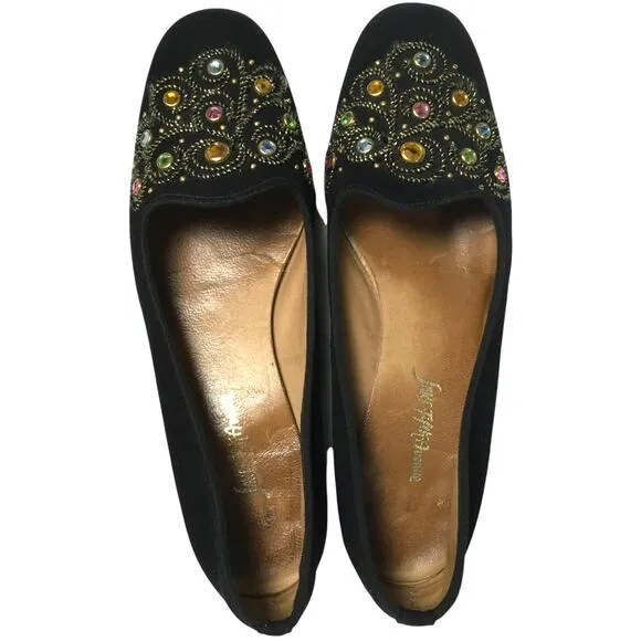Saks Fifth Avenue Flats Gem Embellished Black Velvet Round Toe Slip On Loafer 7