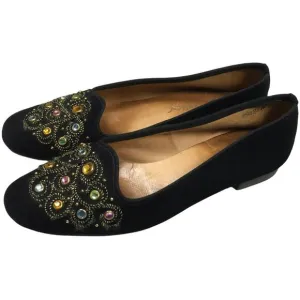 Saks Fifth Avenue Flats Gem Embellished Black Velvet Round Toe Slip On Loafer 7