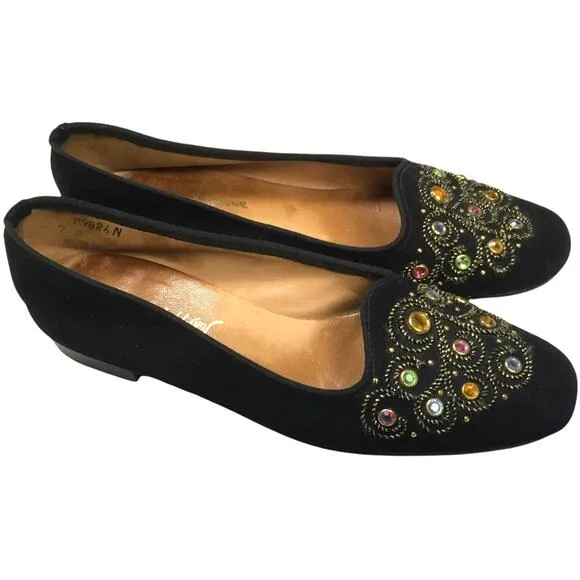 Saks Fifth Avenue Flats Gem Embellished Black Velvet Round Toe Slip On Loafer 7