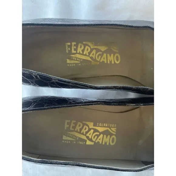 Salvatore‎ Ferragamo Croc Embossed Dark Brown Almond Toe Women's 7