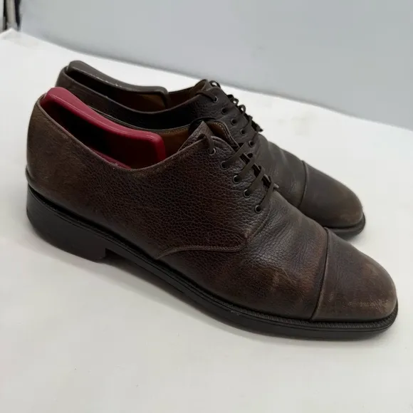Salvatore Ferragamo Mens 10 Cap Toe Derby Oxford Shoes Pebbled Leather Dress