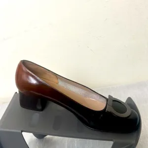 Salvatore Ferragamo, Metallic Logo Gancini Bit Heel Brown Pumps 4