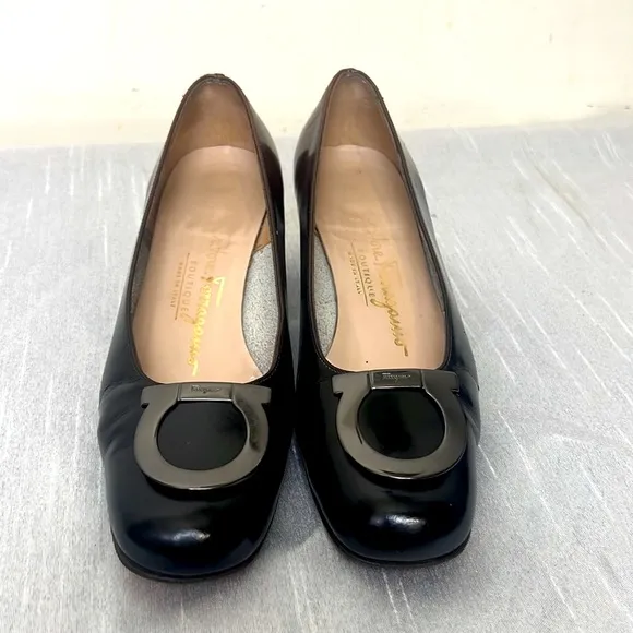 Salvatore Ferragamo, Metallic Logo Gancini Bit Heel Brown Pumps 4
