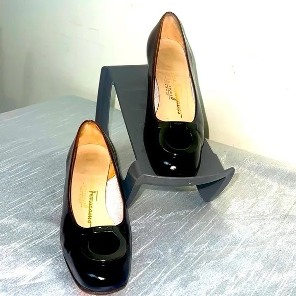 Salvatore Ferragamo, Metallic Logo Gancini Bit Heel Brown Pumps 4