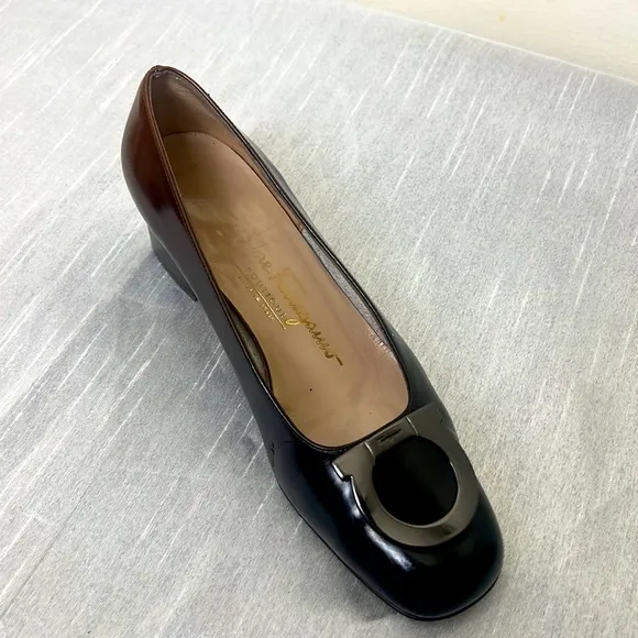 Salvatore Ferragamo, Metallic Logo Gancini Bit Heel Brown Pumps 4
