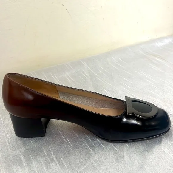 Salvatore Ferragamo, Metallic Logo Gancini Bit Heel Brown Pumps 4