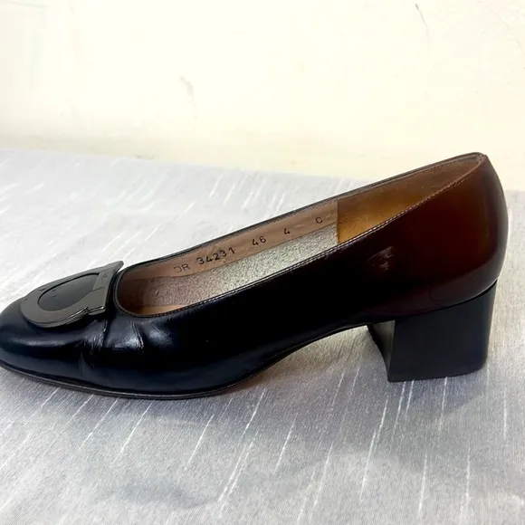 Salvatore Ferragamo, Metallic Logo Gancini Bit Heel Brown Pumps 4