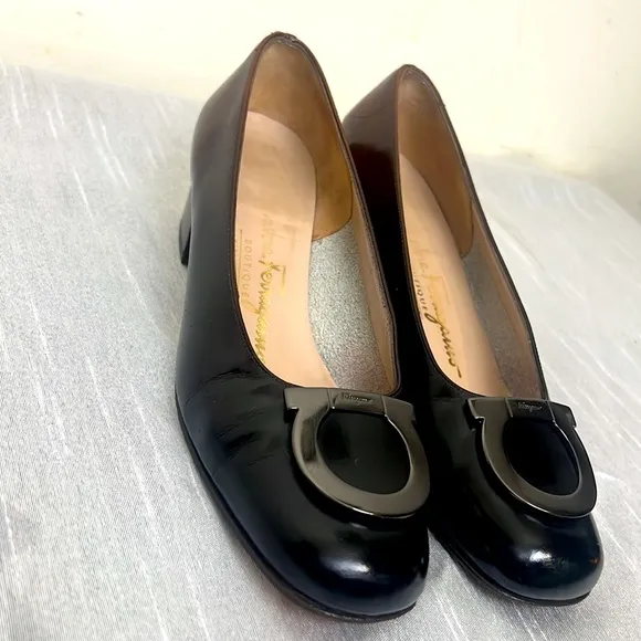 Salvatore Ferragamo, Metallic Logo Gancini Bit Heel Brown Pumps 4