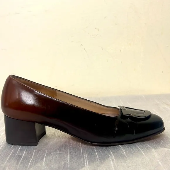 Salvatore Ferragamo, Metallic Logo Gancini Bit Heel Brown Pumps 4