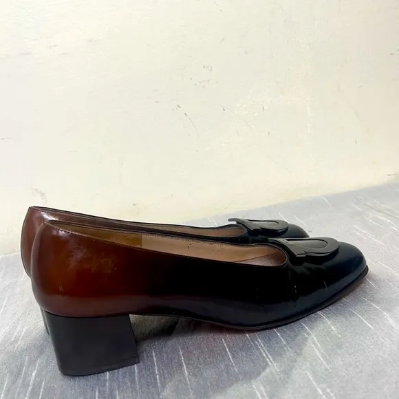 Salvatore Ferragamo, Metallic Logo Gancini Bit Heel Brown Pumps 4