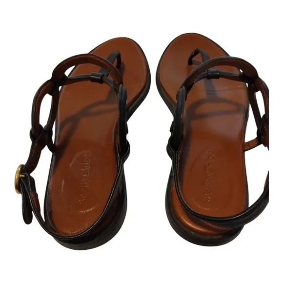 See‎ by Chloe Women's Leather Slingback Flat Thong Sandals Size EU 38 Black
