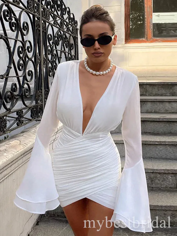Sexy Deep V-neck Long Sleeves Sheath Short Mini Homecoming Dress,  HDS0171