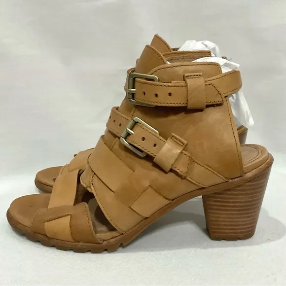 Sorel Nadia Buckle Bootie Sandals in Camel Sz 7.5 M Leather Strappy Open Toe