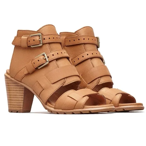 Sorel Nadia Buckle Bootie Sandals in Camel Sz 7.5 M Leather Strappy Open Toe