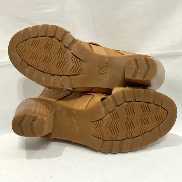 Sorel Nadia Buckle Bootie Sandals in Camel Sz 7.5 M Leather Strappy Open Toe