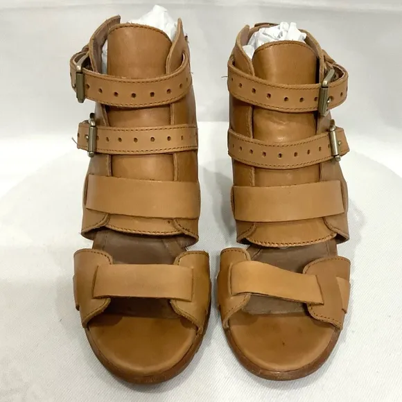 Sorel Nadia Buckle Bootie Sandals in Camel Sz 7.5 M Leather Strappy Open Toe