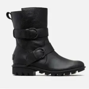 Sorel Phoenix Moto Buckle Black Leather Waterproof Winter Boots Womens Size 10.5