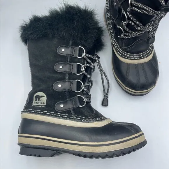 Sorel Youth Joan Of Arctic Black Oyster Duck Boots Winter Fur Lined Size 2