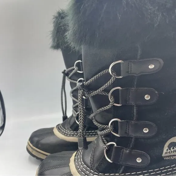 Sorel Youth Joan Of Arctic Black Oyster Duck Boots Winter Fur Lined Size 2