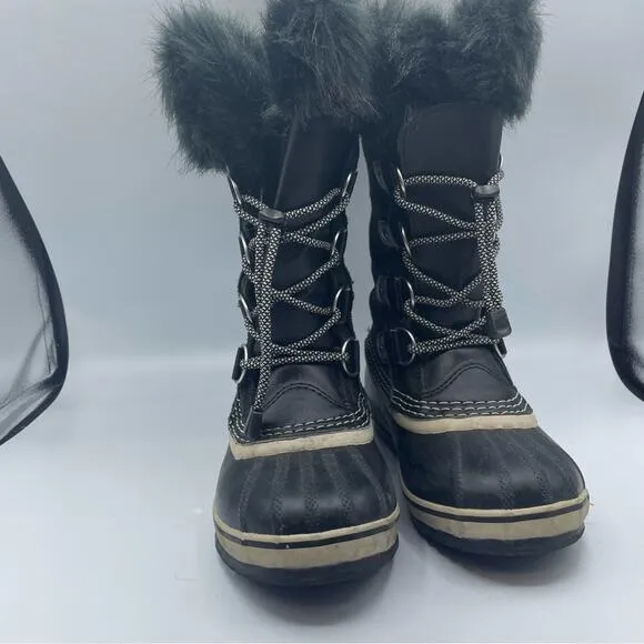 Sorel Youth Joan Of Arctic Black Oyster Duck Boots Winter Fur Lined Size 2
