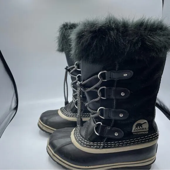 Sorel Youth Joan Of Arctic Black Oyster Duck Boots Winter Fur Lined Size 2
