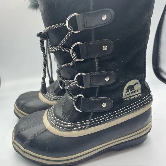 Sorel Youth Joan Of Arctic Black Oyster Duck Boots Winter Fur Lined Size 2