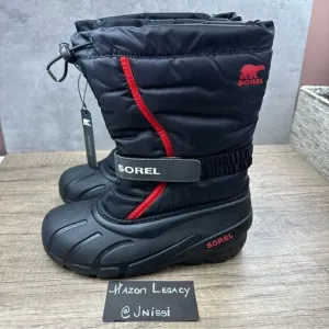 Sorel Winter Youth Unisex~Black Red Wool Lined Snow Boots~Size 4