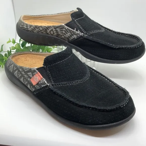 Spenco black suede with Aztec print accent Mules Women's shoes-Size 8B