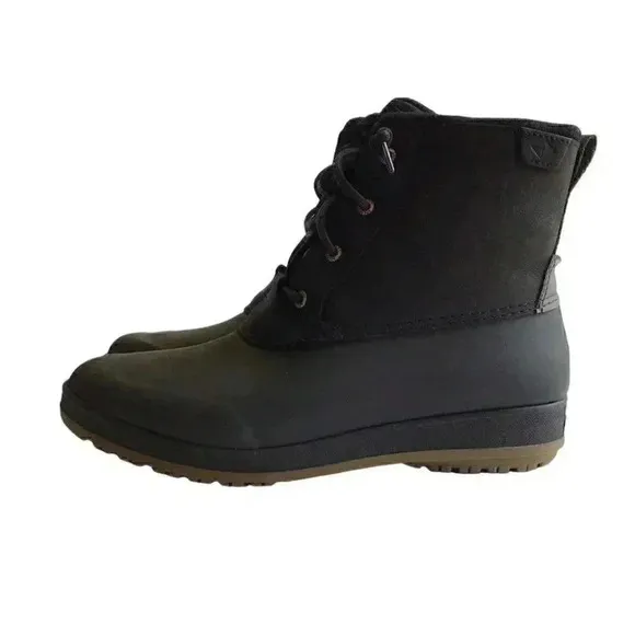 Sperry Pacifica Leather Women 9.5 Rain Duck Boots Black Lace Up Fall Winter