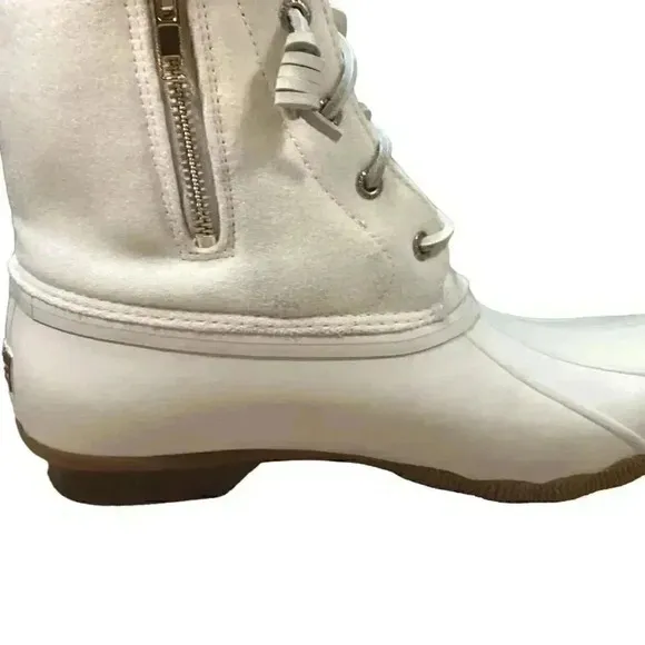 Sperry Saltwater Wool Women 10 Rain Duck Boots Ivory Lace Up Zipper Fall Winter