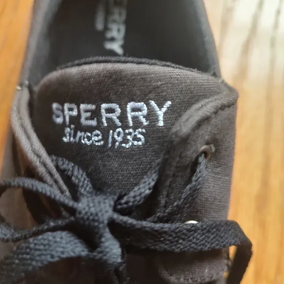 Sperry Top Sider Boat Shoes Sneakers Fabric Brown Lace Up Black Logo Slip on 11