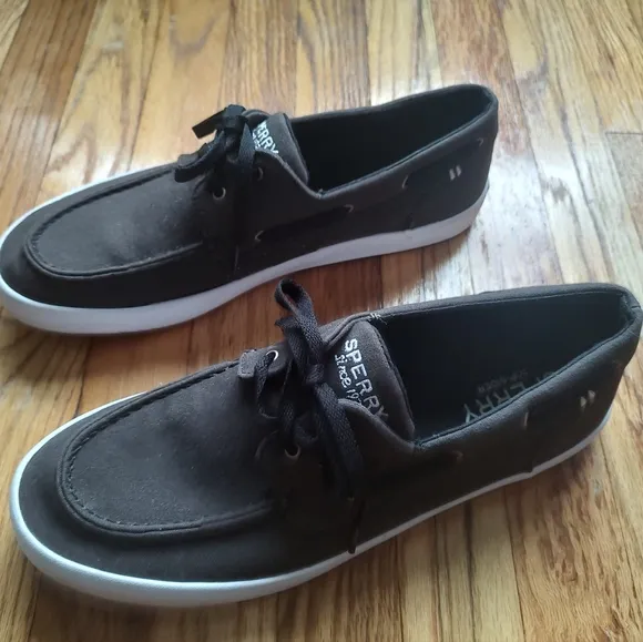 Sperry Top Sider Boat Shoes Sneakers Fabric Brown Lace Up Black Logo Slip on 11