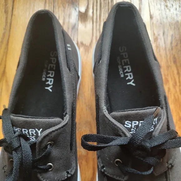 Sperry Top Sider Boat Shoes Sneakers Fabric Brown Lace Up Black Logo Slip on 11