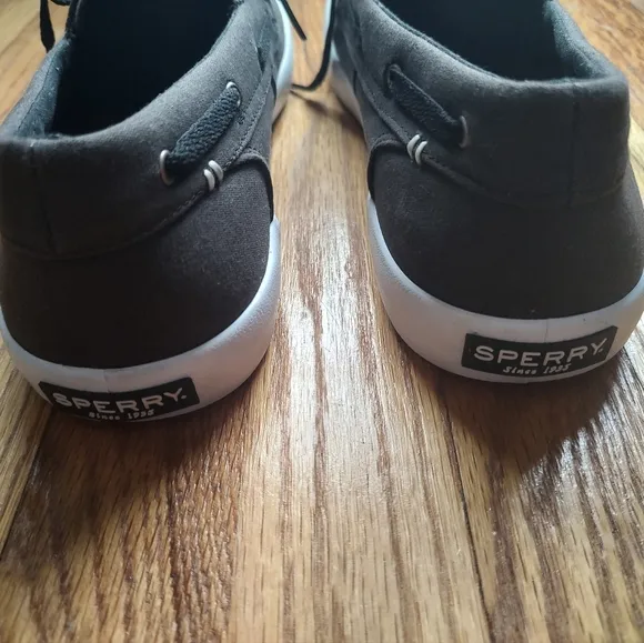 Sperry Top Sider Boat Shoes Sneakers Fabric Brown Lace Up Black Logo Slip on 11