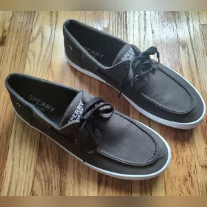 Sperry Top Sider Boat Shoes Sneakers Fabric Brown Lace Up Black Logo Slip on 11