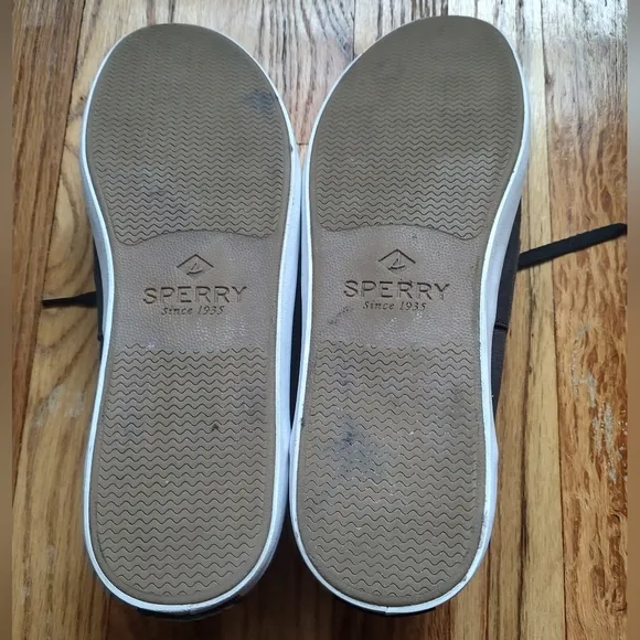 Sperry Top Sider Boat Shoes Sneakers Fabric Brown Lace Up Black Logo Slip on 11